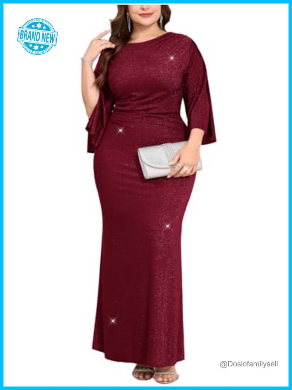Plus Size Glitter Evening Gown 3/4 Split Sleeve Maxi Dress Ruched Waist Formal
